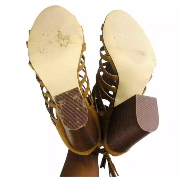 JustFab Womens Romina Cognac Strappy Peep Toe Faux Suede Heeled Sandals Size 10 - Picture 9 of 9